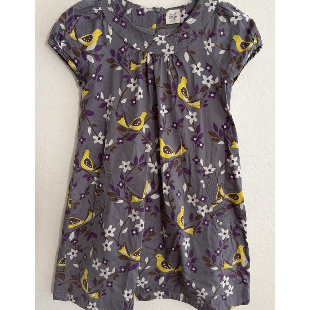Mini Boden Lined Gray 10-12 Dress Short Sleeve Floral Yellow Birds Play School